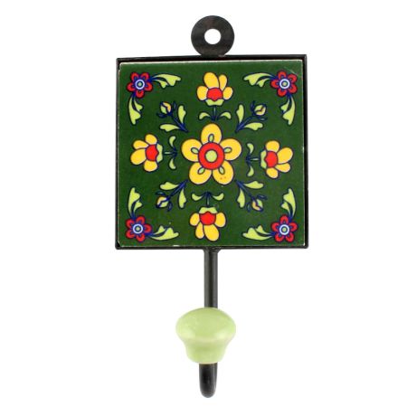 Forest Green Floral Ceramic Tile Hook